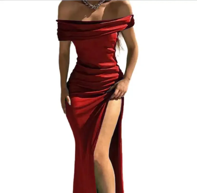 2024 neue Sommer Frauen Grün Ballkleider Sexy Roben Off Schulter Hohe Schlitz Satin Abendkleid Midi Langes Kleid Festival Party tragen