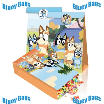 Bolsa de papel Bluey Bingo, patrón de animación familiar Bluey, regalo de dulces para fiesta de cumpleaños, bolsa de papel Kraft, caja de regalo de cumpleaños, pegatinas