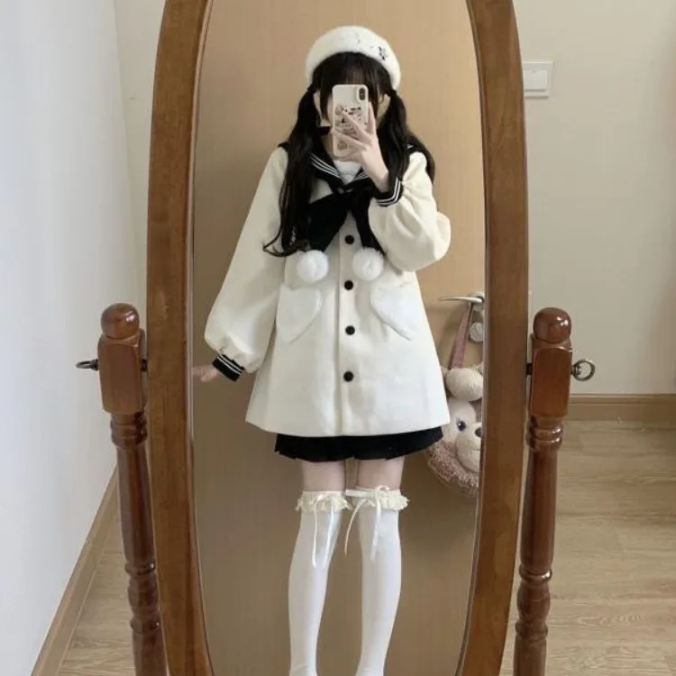 

Sweet Bow Sailor Collar Black Tweed Coat Fashion All-match Jk Jackets For Women 2024 Autumn New Long Sleeve Tops Mujer