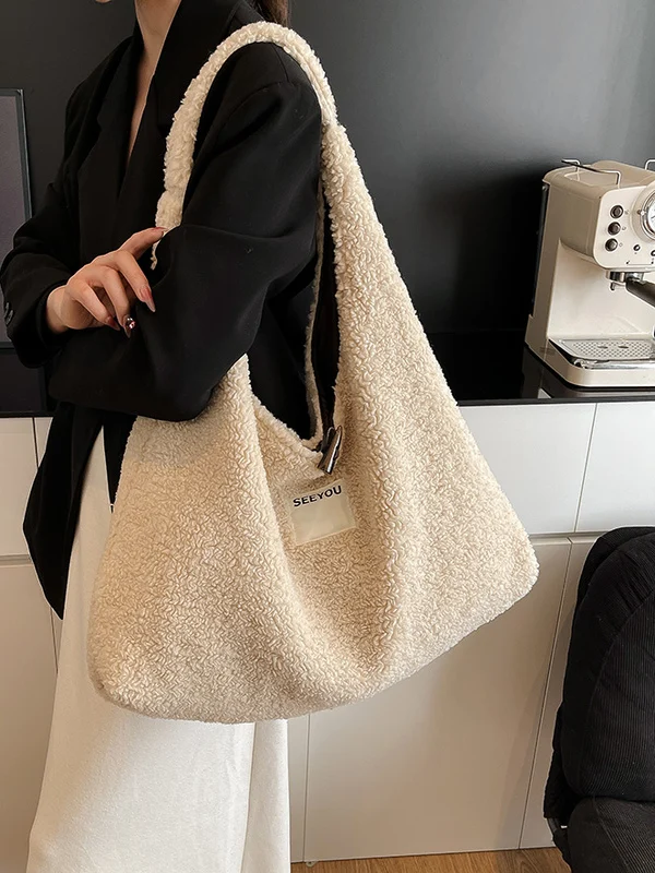 

Autumn Winter Plu oulder Bag Women's Faionable Versatile Lamb Fur Handbag Commute Casual Simple Sle Detachable Strap