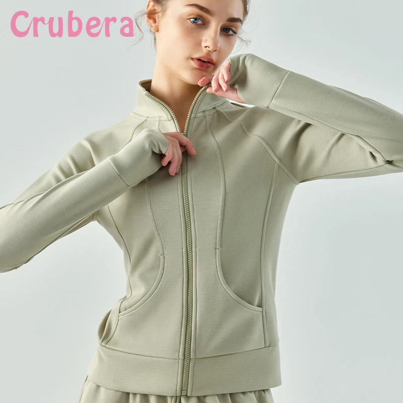 

Crubera Unique Stand Neck Air Layer Diagonal Pocket Yoga Coat For Women's Zipper Running Casual Slim Fit Sports Jacket