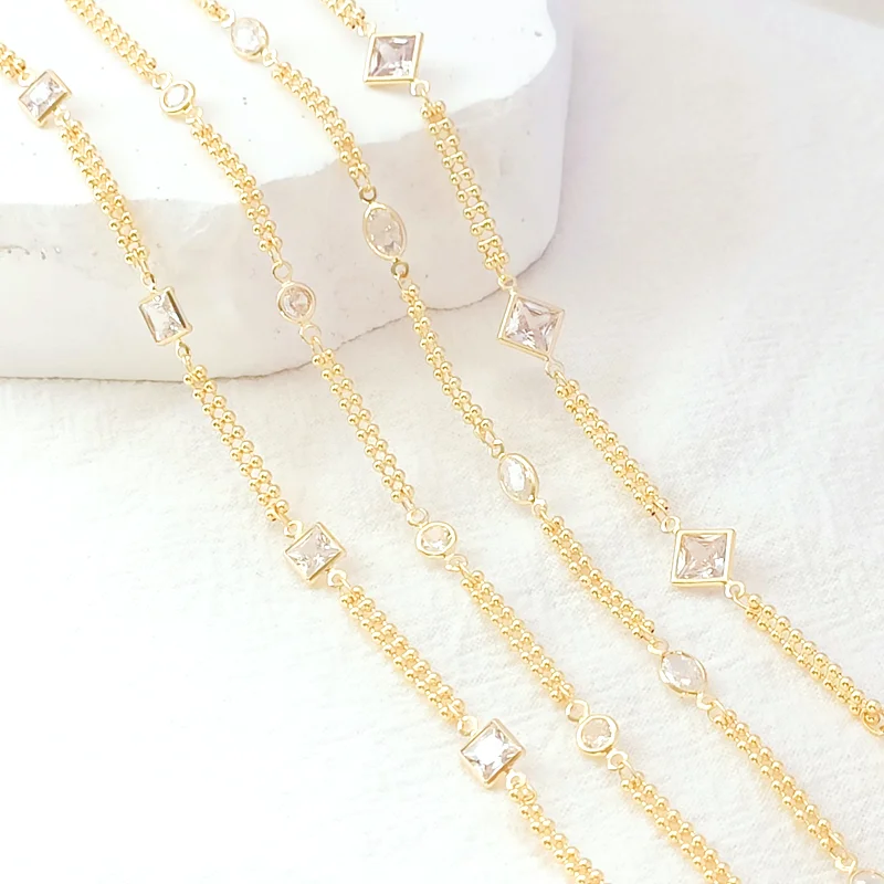 1 Piece 14K Copper Clad Gold Inlaid Crystal 1.5mm Round Bead Double Row Semi-finished Bead Chain, Handmade DIY Matching Chain