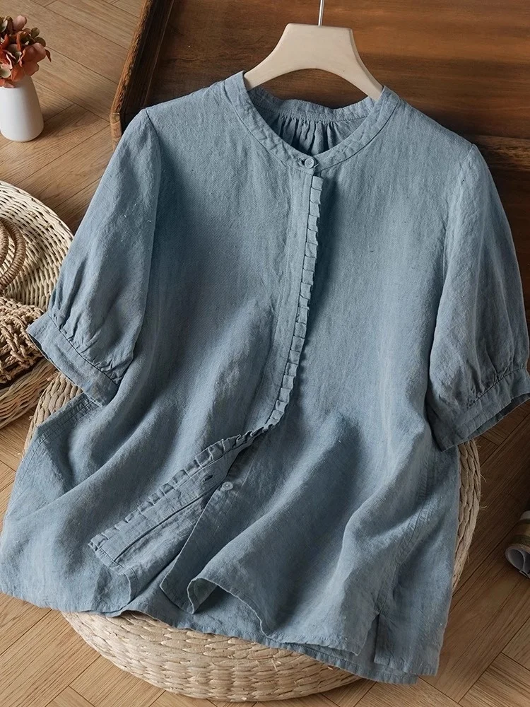 

Художественный синий хлопок и лен ort Sve irt, женский летний повседневный простой антивозрастной утягивающий топ на пуговицах, дизайн прямого кроя
