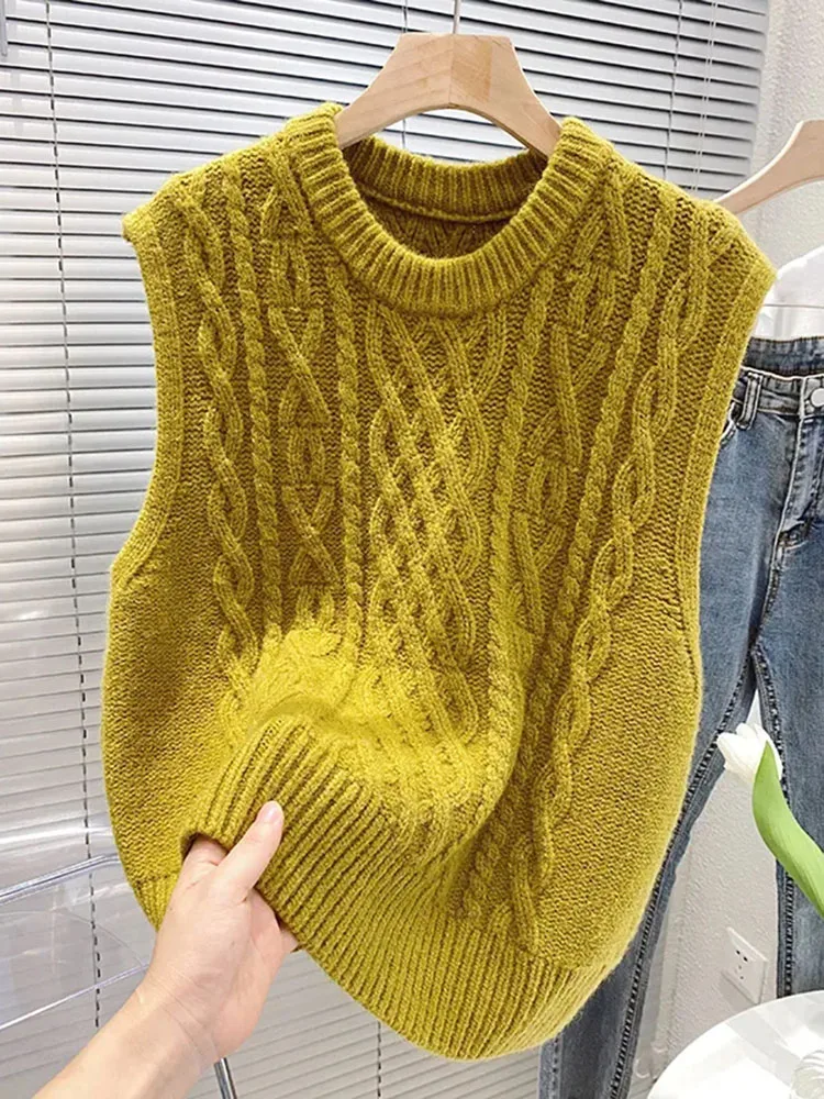 Chaleco de punto para Mujer, Jersey suave de cuello redondo, suéter básico de Color sólido, Top coreano sin mangas, primavera y otoño