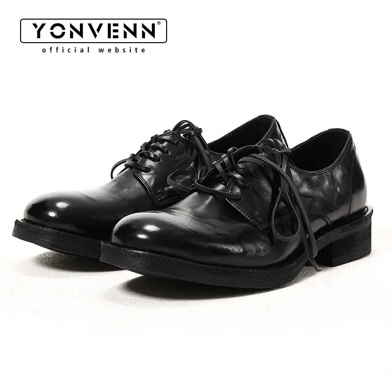 

Black whole shoe washed cowhide round toe handmade derby leather shoes men's thick soled casual formal commuting