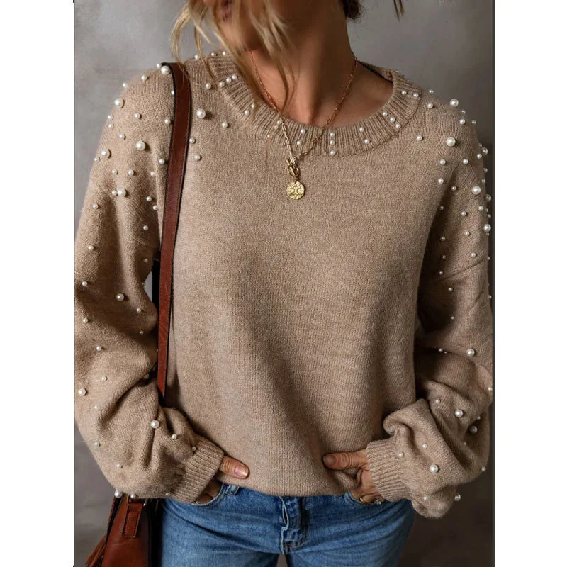 Plus Size Women's Knitted Beading Decor Sweater Khaki Oversized  Autumn Winter Clothing for Women Simple Loose Fashion