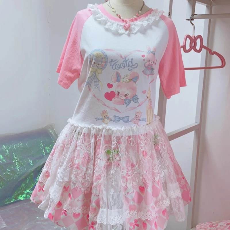 2025 Estate Nuovo Modello Del Fumetto Puro Cotone Girocollo T-Shirt da Donna Design Originale Lace Splicing Mezze Gonne Set Signore