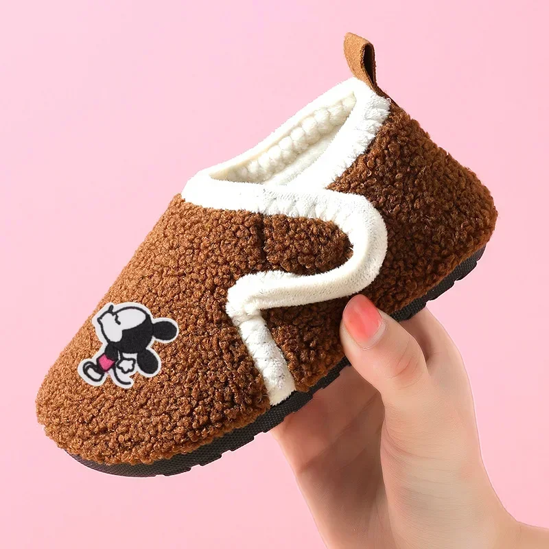 Disney Minnie ฤดูใบไม้ร่วงฤดูหนาวเด็กรองเท้าแตะผ้าฝ้าย Mickey Mouse Casual รองเท้าในร่มลื่น Soft Soles เด็กทารกเด็กวัยหัดเดิน