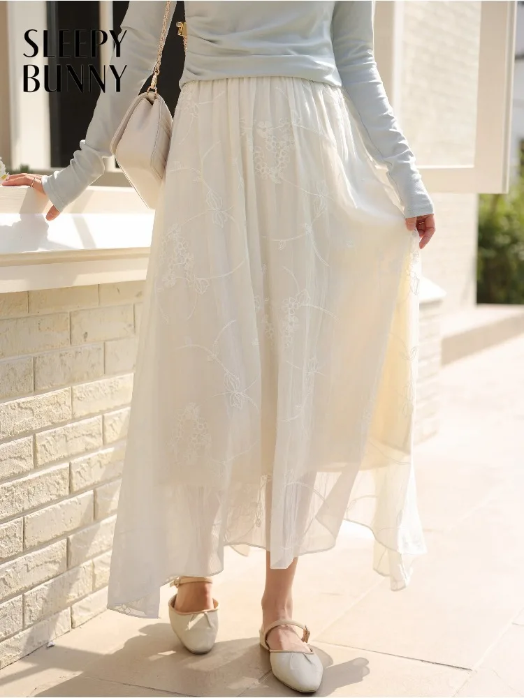 

Elegant Chiffon Flowy Elastic Waist A Line Skirt Autumn Mid Length High Waist White Pleated Fairy Style Slimming Midi Skirt Lady