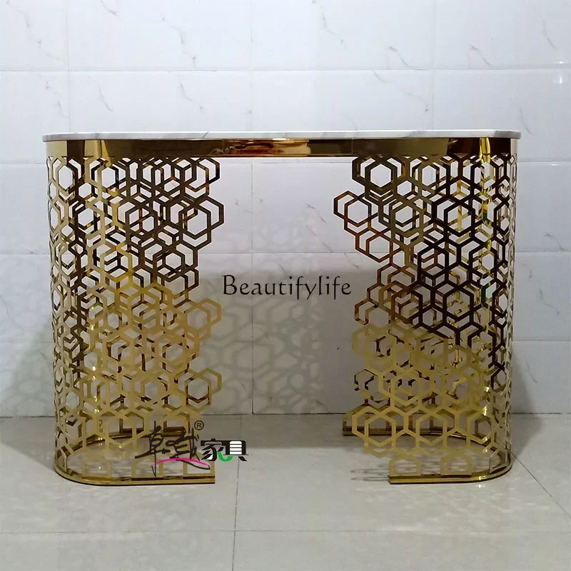 FG17Light الفاخرة الفولاذ المقاوم للصدأ جوفاء نهاية عرض الجدول الحديثة الحد الأدنى الممر الحائط الرخام الذهب الفن مدخل الجدول
