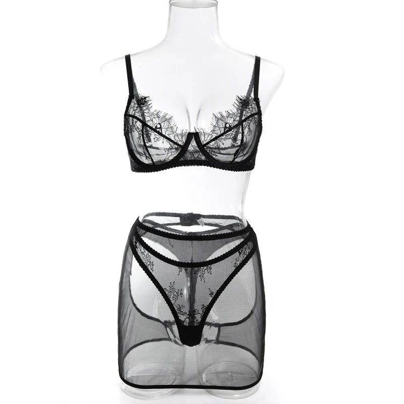 Bikini lingerie lace hollow-out butt-revealing tight-fitting seductive women's bra and bodycon skirt three-piece set