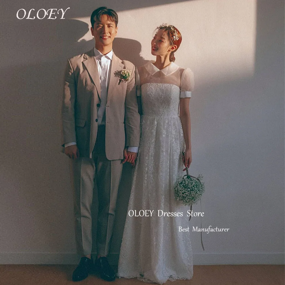 

OLOEY 2025 New Korea Wedding Dresses A-line Short Sleeves Elegant Bridal Gown Photo Shoot Lace Floor-Length Illusion 웨딩 드레스