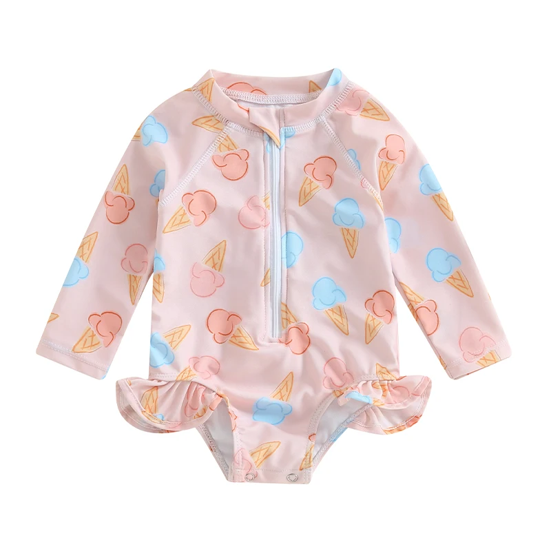 

Baby Girl Rash Guard Swimsuit Ice Cream/Shrimp/Strawberry Print Long Sleeve Mock Neck Zipper Bathing Suit