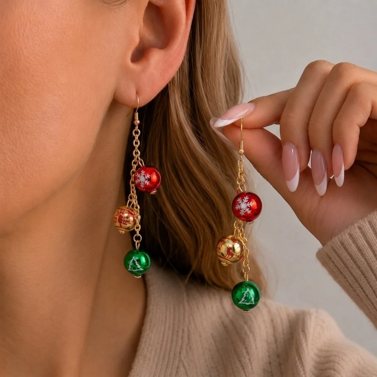 Weihnachtliche Emaille-Ohrringe mit Rentier-Schlitten-Motiv für Damen, Schneeflocken- und Rundform-Ohrringe, hängende Ohrringe, neues Geschenk für Weihnachtsfeiern und Feiertage, Schmuck. – Detail 8