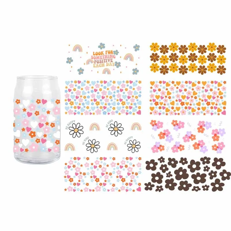 

3D Flower UV DTF Transfer Sticker Colorful Waterproof Scratch Libbey Glass Cup 16 OZ Durable Hot Sale