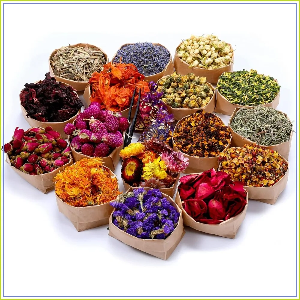 16 Bags Dried Flowers for Soap Making, DIY Candle Making, Bath - Rose Petals, Lavender, Forget Me Not, Lilium, Jasmine, Rosebuds & More
