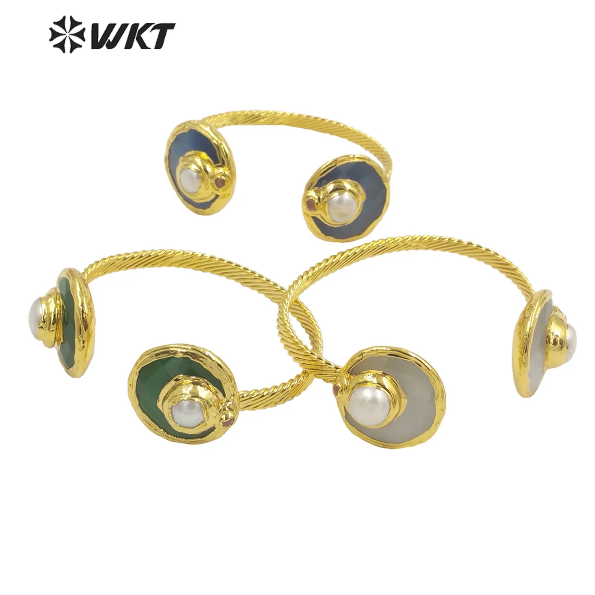 WT-B616 Wholesale Fashion Double Cat Eye Stone Bangle 18k Real Gold Plated Resist Tarnishable Pearl Charm Accessories