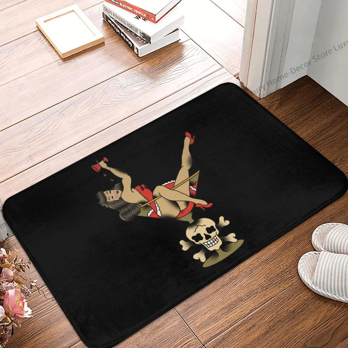 Bath Non-Slip Carpet Vintage Tattoo Style Pin Up Girl In Cocktail Glass Flannel Mat Welcome Doormat Home Decoration Rug