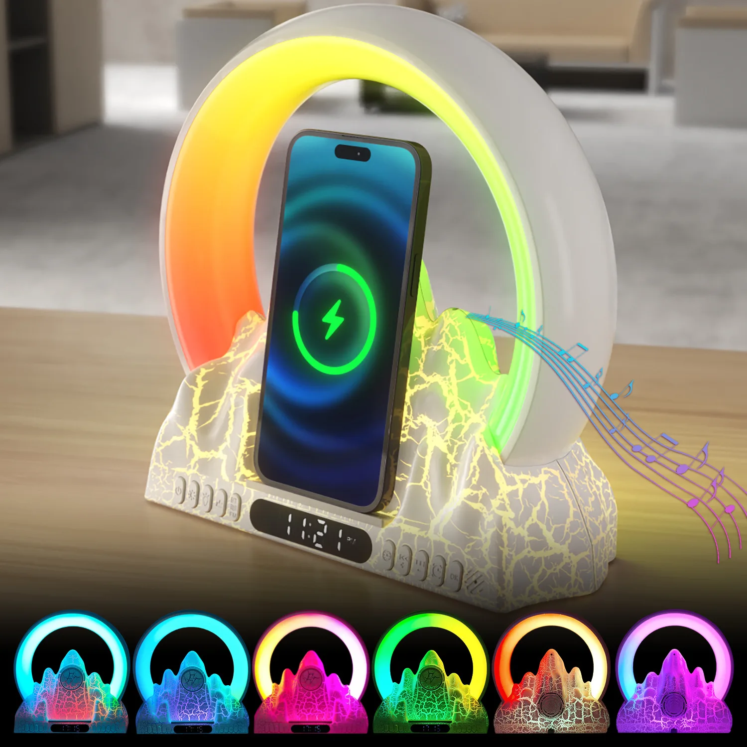 

Sunrise Flame Mountain Wireless Charger Atmosphere Desk Lamp Starry Sky Lamp Alarm Clock Craft Gift Decorative Lamp