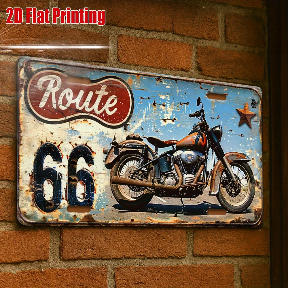 2D Flat, 1 Retro Route 66 Motorcycle Metal Sign, Perfect for Garage, Bar, or Man Cave Decoration