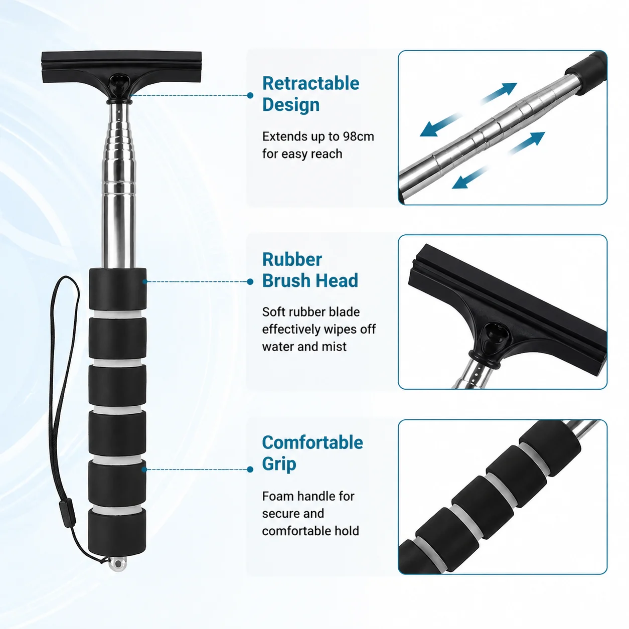 1/2PCS Telescopic Car Rearview Mirror Squeegee Rubber Blade Handheld Wiper for Rain Water Drop Removal Vehicle Cleaning Tool