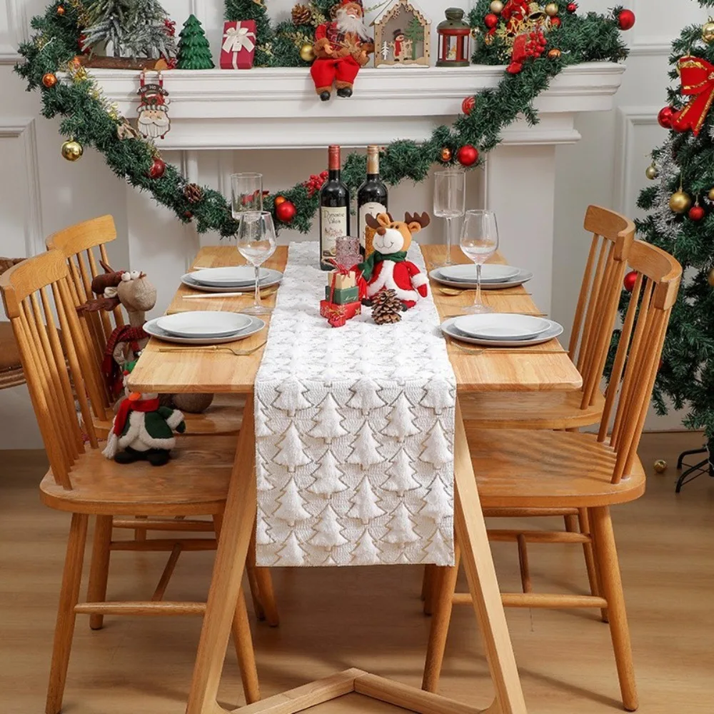 

Plush Embroidered Christmas Tree Table Runner Rectangular Embossed Design Christmas Table Cover Long Dining Tablecloth New Year