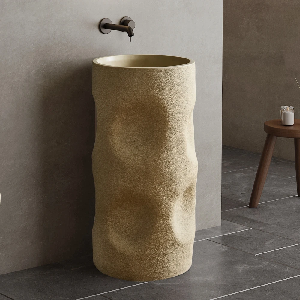 

S*& i Sabi Style Cylindrical Shape Bathroom Pedestal Sink Creamy Color Artificial Stone Wash Basin Free Standing Bathroom Sink