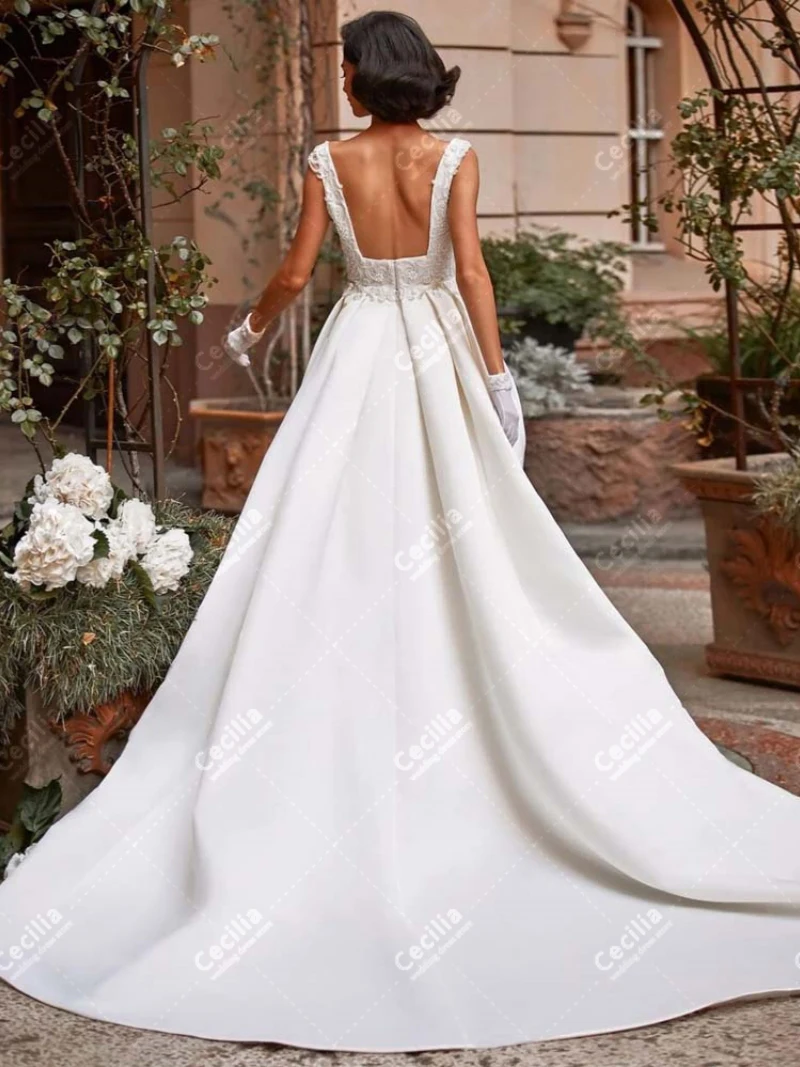 Splendidi abiti da sposa A-Line abiti da sposa in raso ricamati abiti colletto quadrato senza maniche backless abiti da sposa 2024