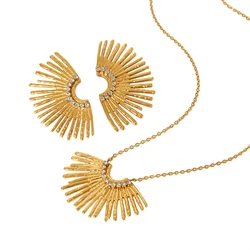 Stylish 18k Gold Plated Hypoallergenic Stainless Steel Super Shine Sun Ray Cubic Zirconia Statment Earrings Necklace