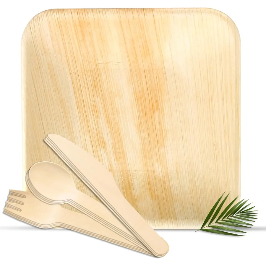 

Квадратные тарелки с деревянной посудой, 6-дюймовые пальмовые листья, 100 шт. В комплект входит 100 штук деревянных вилок, ножей и ложек.