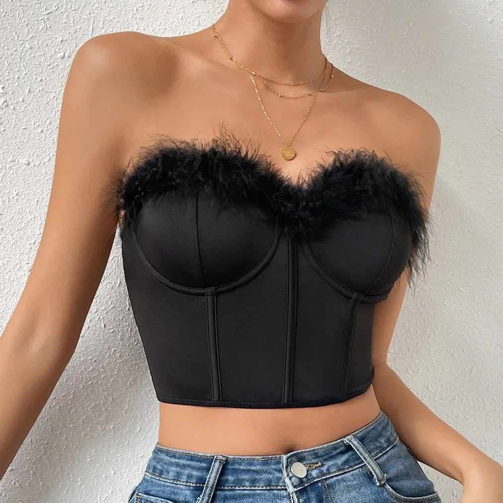 2024 Summer Women's Spicy Girl Low cut Eyelash Splice Short Feather Steel Ring Fishbone Womens tanks top CYDZ10338