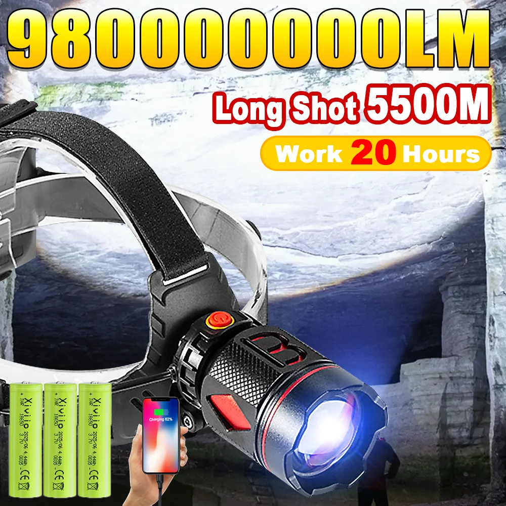 

980000000LM ультра яркие светодиодные налобные фонари высокой мощности USB перезаряжаемый налобный фонарь для рыбалки на открытом воздухе, охоты, кемпинга