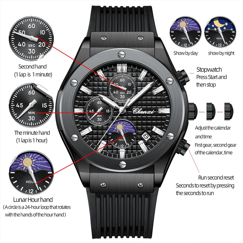 CHENXI Luxury Mens Watches Sports Calendar Moon Phase Quartz Wristwatch Men Chronograph Waterproof Silicone Strap Clock