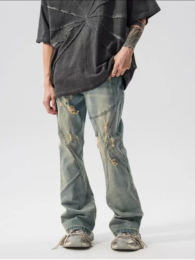 2026 Cyber Y2K Streetwear Old Washed Blue Slim Flare Ripped Jeans Pants For Men Clothing Straight Vintage Gothic Denim Trousers