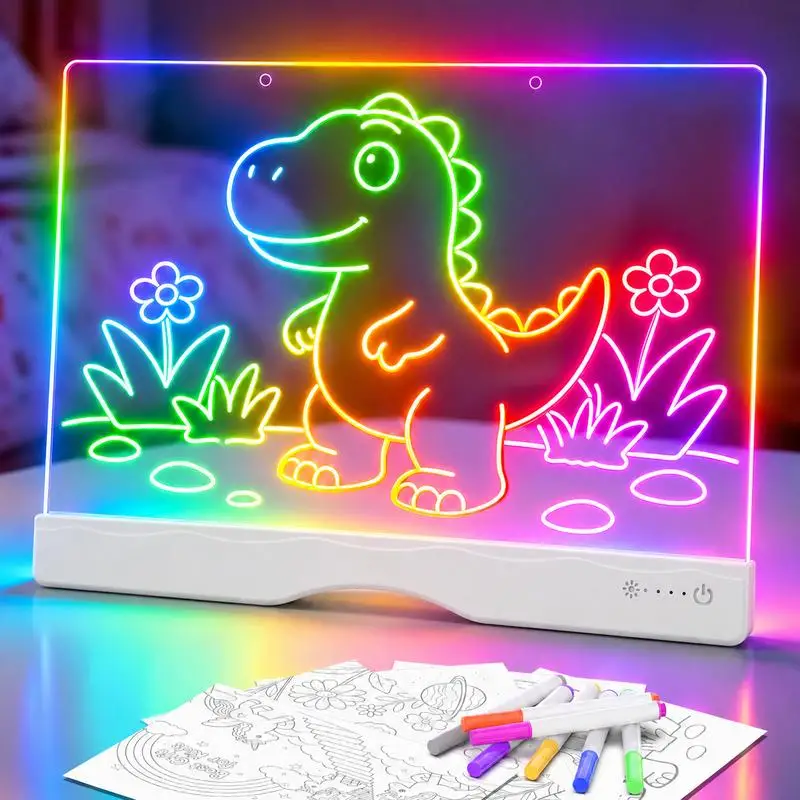 16'' LED Drawing Board for Kids, Rechargeable Led Note Board with 7 Colors, Light Up Drawing Tablet 7 Dynastic Modes Includes Adapter, Christmas Birthday Halloween Gifts for Girls & Boys Age 3,4,5,6,7,8,9,10,11,12+