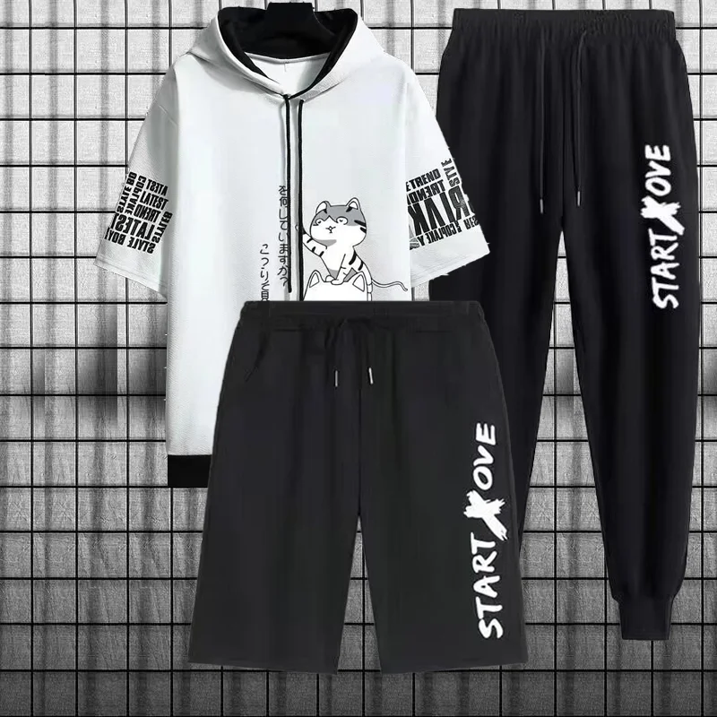 Summer Men\'s Large Sports Set Breathable Casual Wear Wild High Street Fashion Fake Three Piece Set Casual T-shirt Simple Shorts
