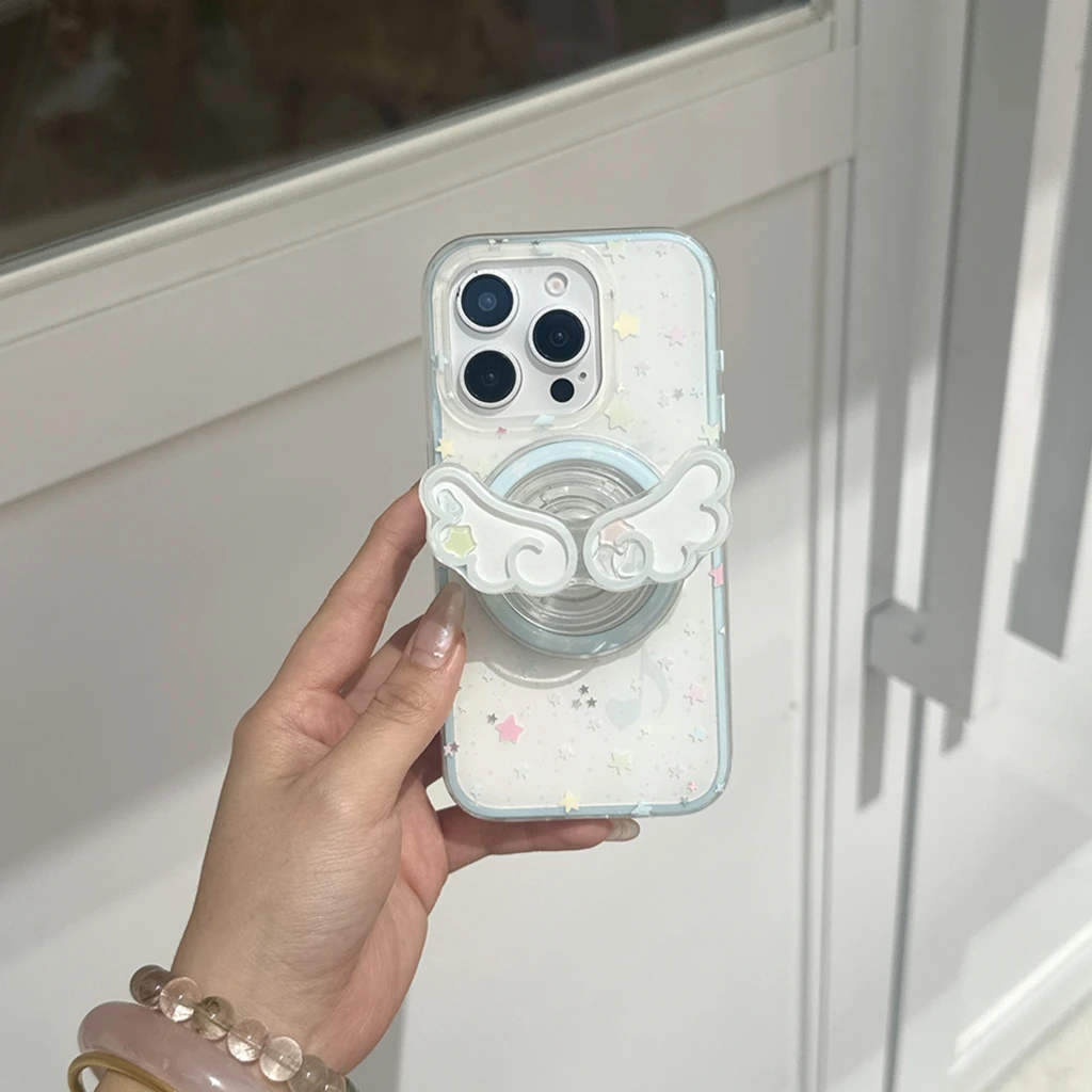 

Creative Colorful Stars Musical Note Wing With Holder Magnetic Wireless Charging Phone Cover Case for iPhone 16 15 14 13 Pro Max