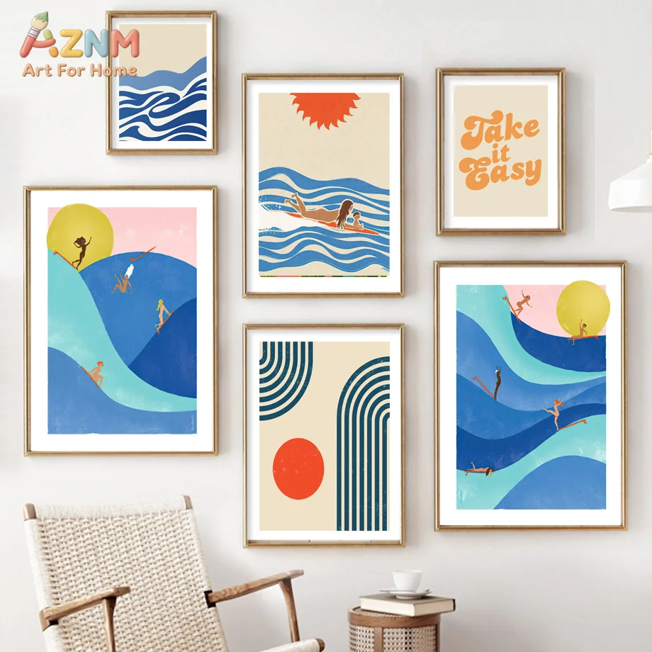 AZNM Boho Surfing Ocean Sun Canvas Poster, Frameless Minimalist Beach Silhouette Illustration Wall Art For Coastal Style Bedroom