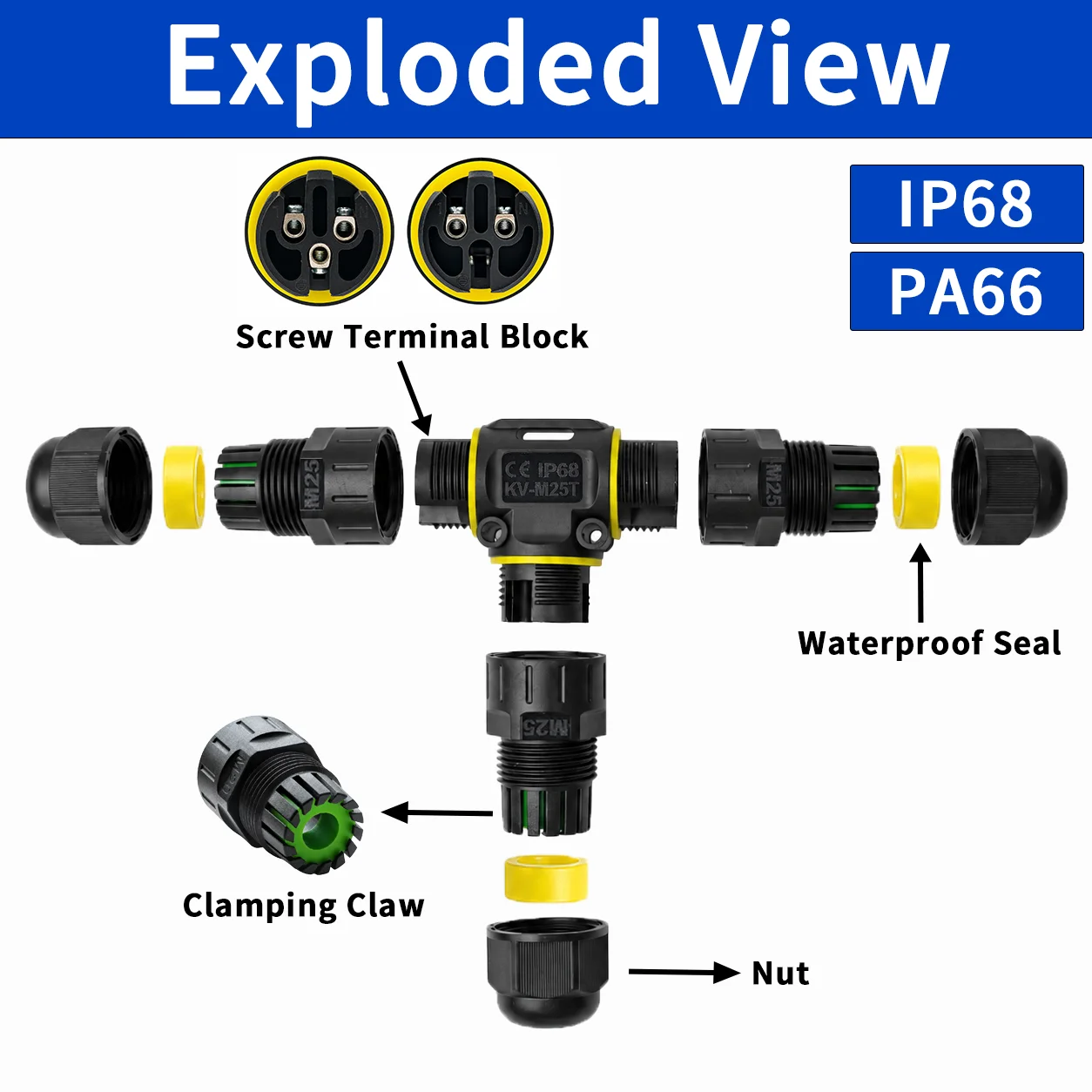 IP68 Waterproof T-Type Wire Connector 2/3 Pin Three-Way Branch Cable Joint Screw Terminal Outdoor Electrical Junction Box Wiring