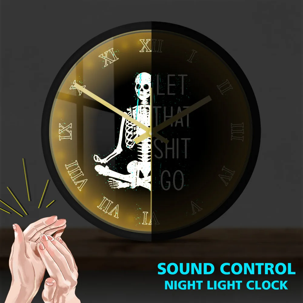 Let That Shit Go Meditating Zen Skeleton Silent Metal Wall Clock Halloween Home Decor Modern Watch Funny Yoga Meditation Gift