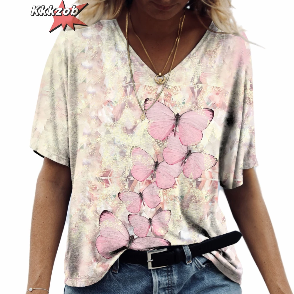 Butterfly Casual Clothing V-Neck Short Sleeve Tshirt Fashions Women\'s Tshirts Plus Size Tops Summerretro Everyday Life Clothing