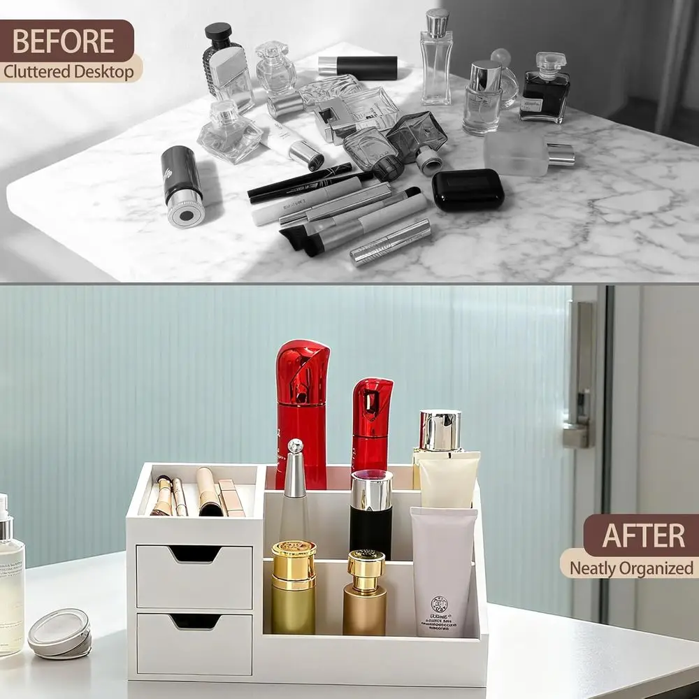 منظم العطور والمكياج الخشبي، رف أبيض لكولونيا والعناية بالبشرة في غرفة النوم