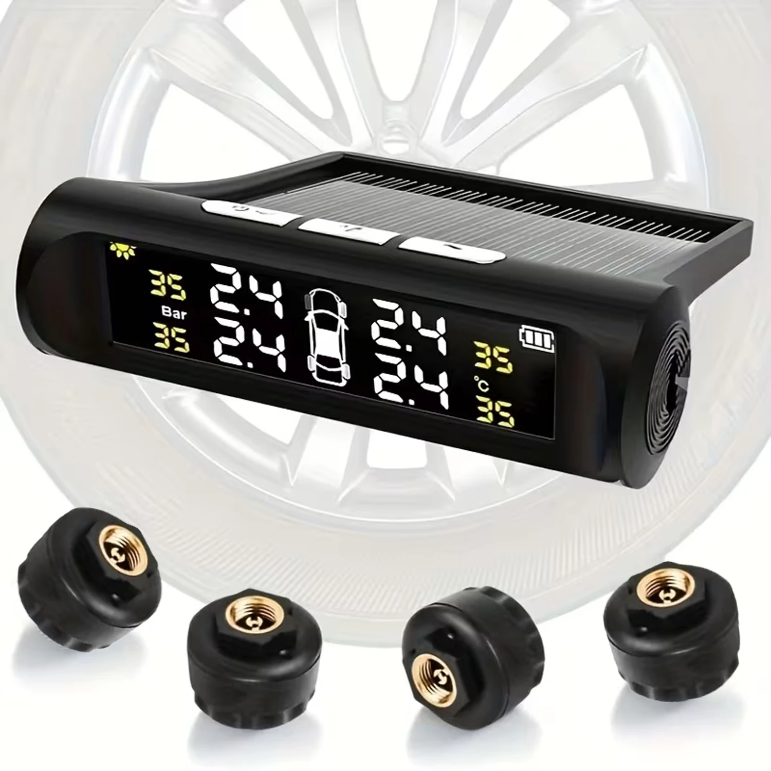Wireless Solar TPMS Tire Pressure Monitor System with 4 External Tire Valve Cap Sensors, Real Time Bar PSI Temp Display
