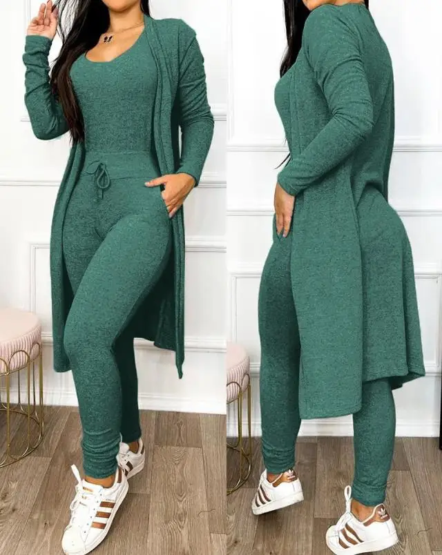 Elegant 2 Piece Set Women Outfit 2025 Spring Fashion Drawstring Pocket Design U-Neck Sleeveless Jumpsuit & Long Sleeve Coat Set