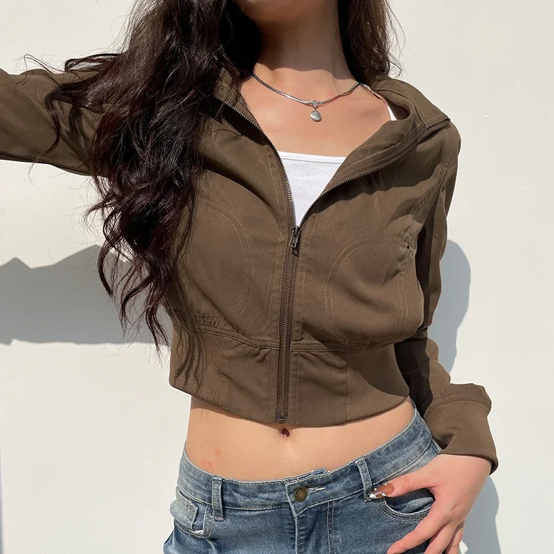 

2025 Vintage Cropped Jackets Women Stand Collar Solid Color Casual Coats Slim Pocket Zip Up Harajuku Safari Style Outwear