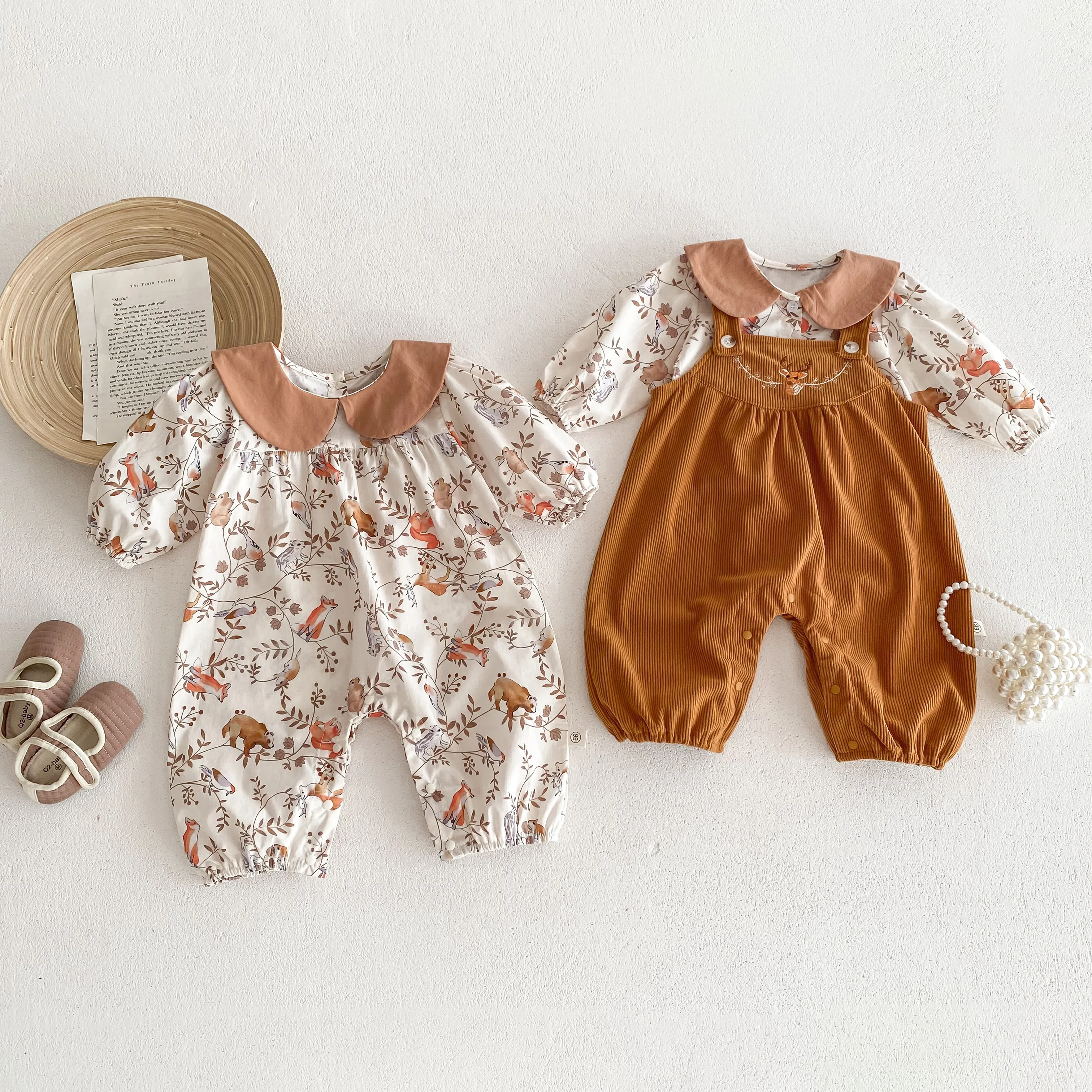 Autumn Newborn Outfit Baby Jumpsuit Girls Shirt Long Sleeves Infant Bodysuit Animal Prints Cute Mori Girl Style Romper 0-2yrs