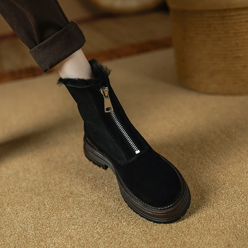 Women Platform Shoes Winter Snow Boots Warm Fur inner Front Zippers Female Warm Shoes Woman Cowsuede Warm Fur Inner Botas
