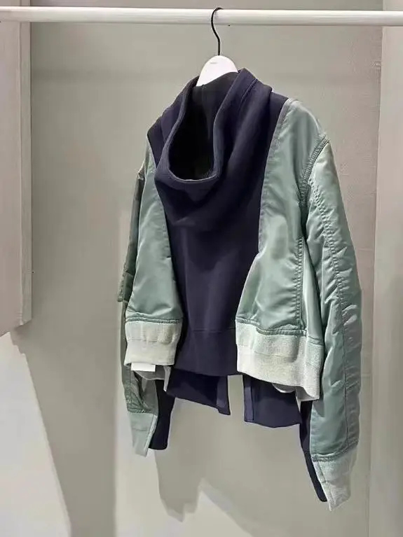 FOG SACAI Autumn Winter Hooded Jaet Women's Colorblo Patchwork Zipper ketCasual Loose Fit Cotton Polyester Blend