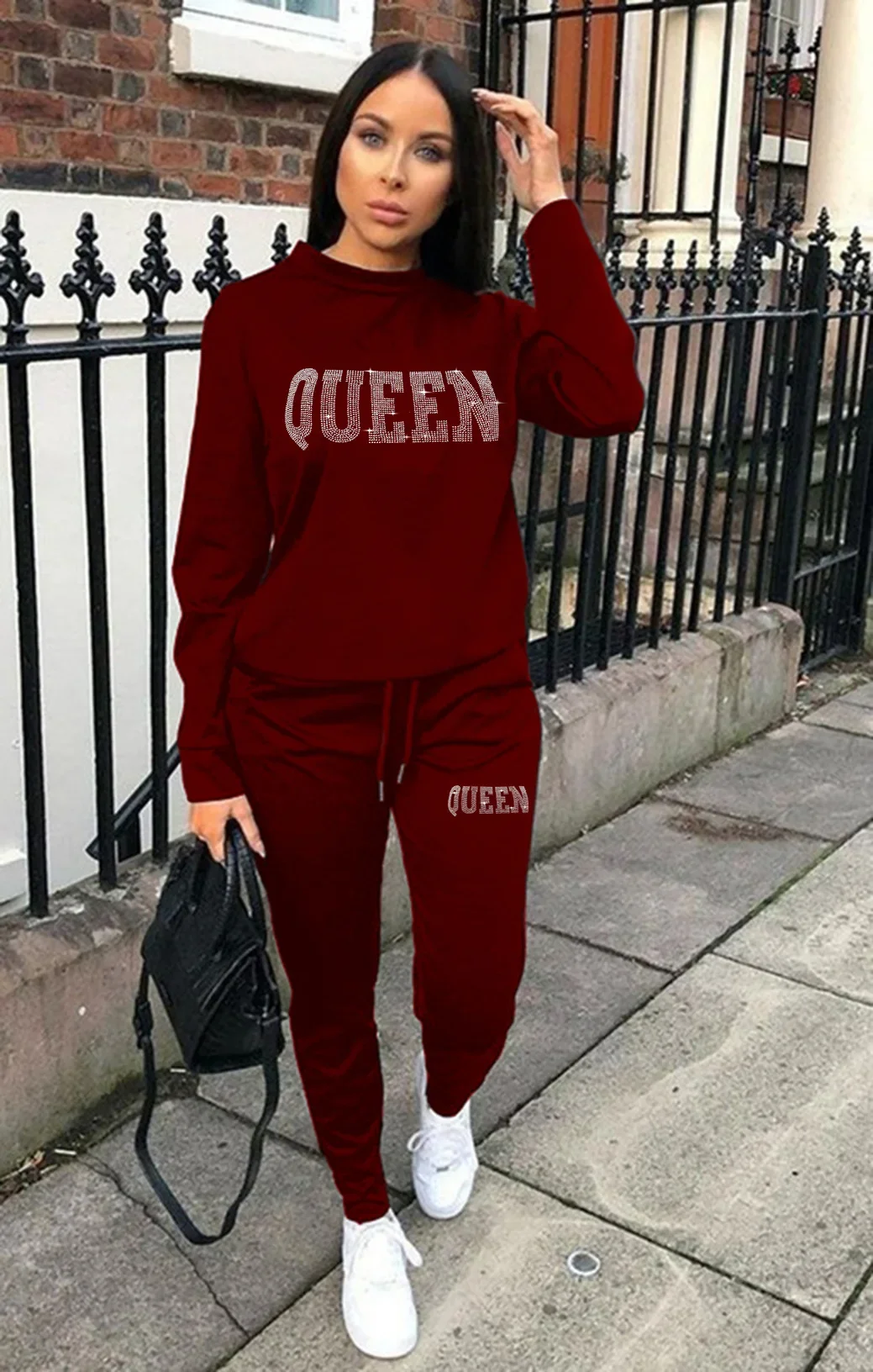 Conjunto de chándal de dos piezas para mujer, sudadera cálida de manga larga con perforación en caliente, Tops y pantalones, moda de otoño