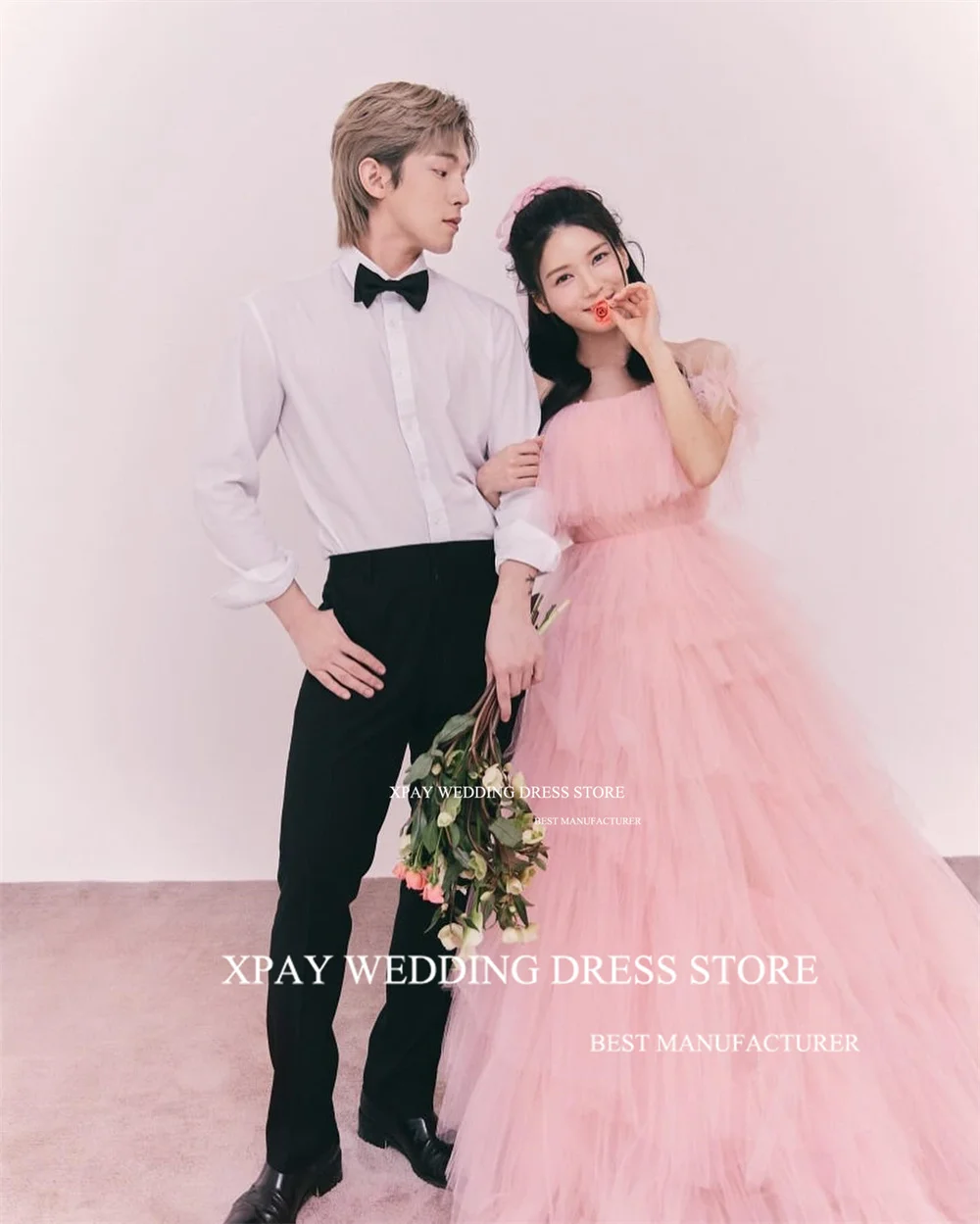 XPAY Boat Neck Off Shoulder Korea Wedding Party Dresses Short Sleeves Ruffles Tiered Layered Bride Evening Gowns Photos Shoot